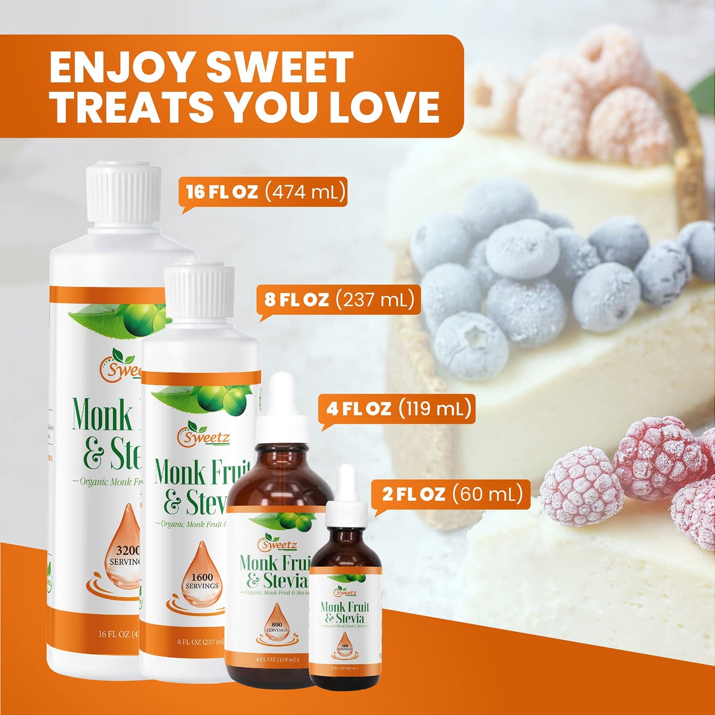 Monk Fruit & Stevia Liquid Sweetener Drops - Natural Sweeteners & Sugar Alternatives - Delicious Blend with No Bitter Aftertaste - Concentrated Sweetener Liquid Drops Extract - 8 FL OZ (1600 Servings)