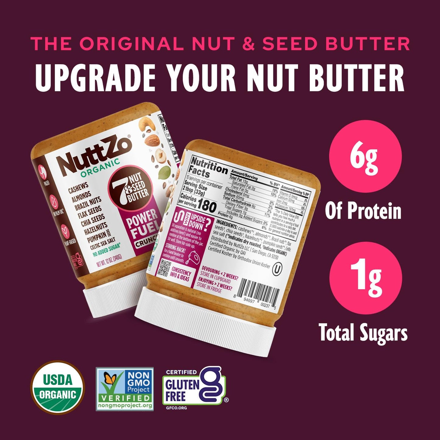 NuttZo Organic Power Fuel 7 Nuts and Seeds Butter, Crunchy, Paleo and Keto Friendly, Peanut and Gluten Free, Vegan, Kosher, No Added Sugar or Oil, 12