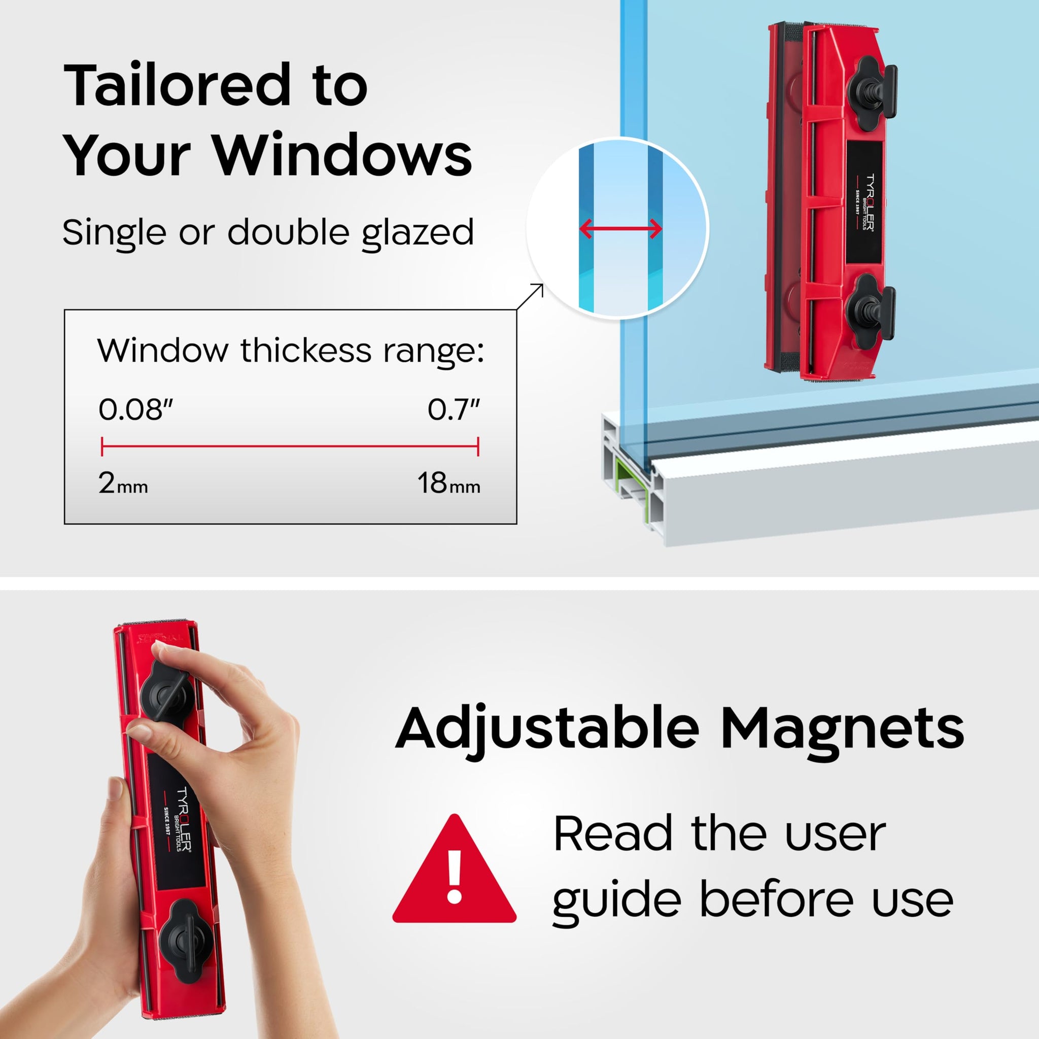 Tyroler Outside Magnetic Window Cleaner Tool | The Glider D-2 AFC Double-Sided Window Cleaners Tool Fits Windows 0.1"-0.7" Thick | Magnet Window