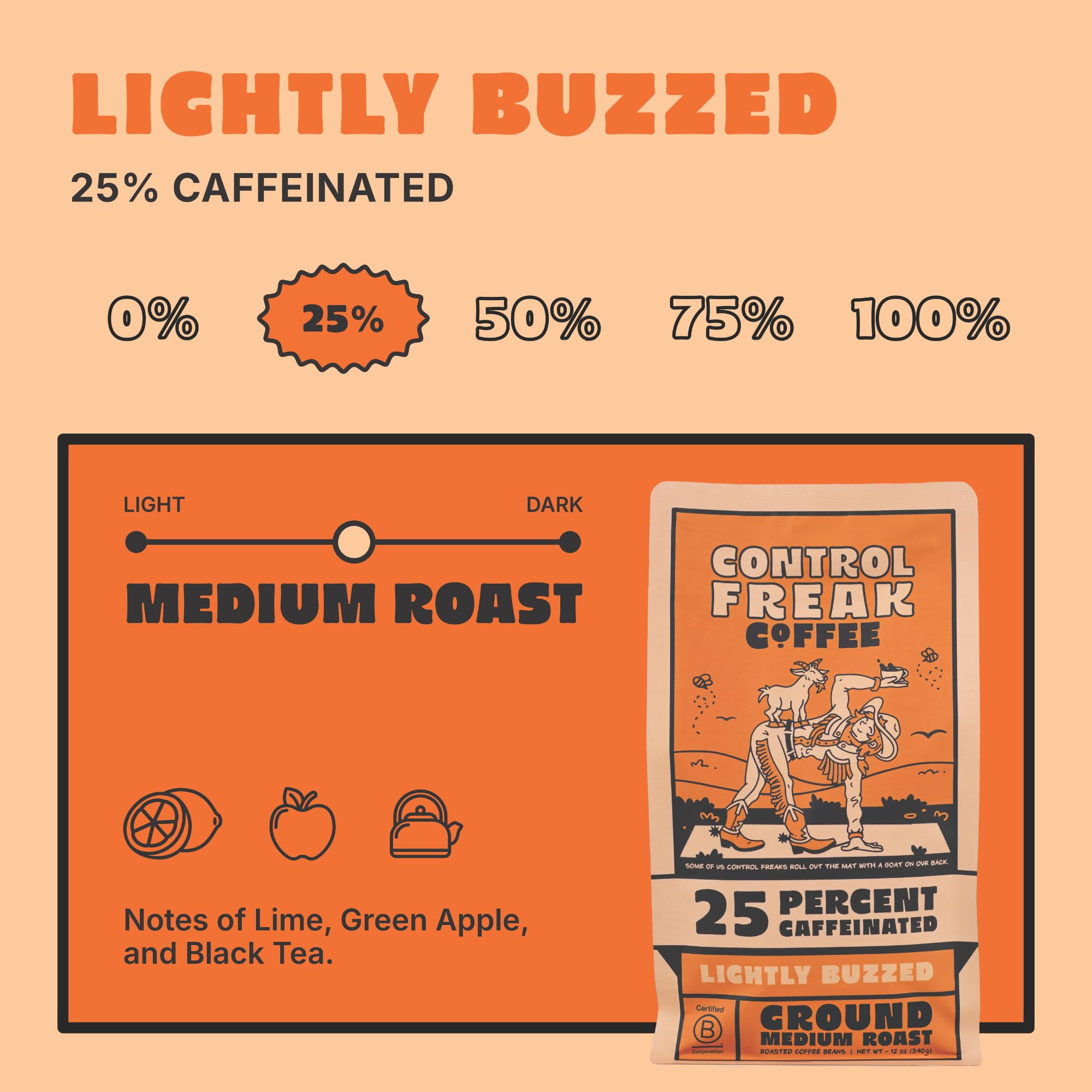 Control Freak Coffee Lightly Buzzed - 25% Caffeine Ground Coffee (12 Oz) | Low Caffeine Coffee with Smooth, Full Flavor for Jitter-Free Energy |