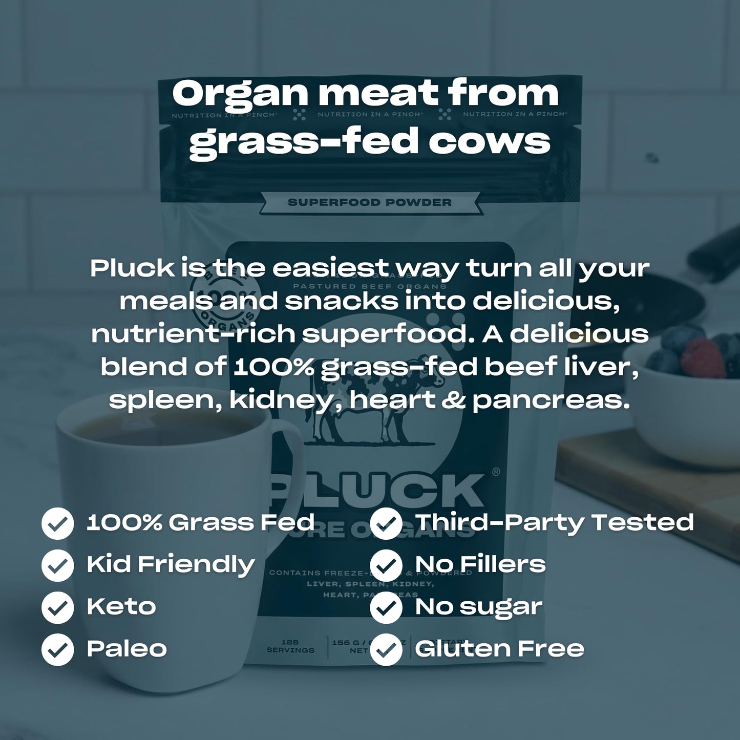 Pluck Pure Beef Organs Powder | 100% Liver, Kidney, Spleen, Heart, & Pancreas from 100% Grass Fed & Grass Finished Pastured Beef | As Seen on ABC's