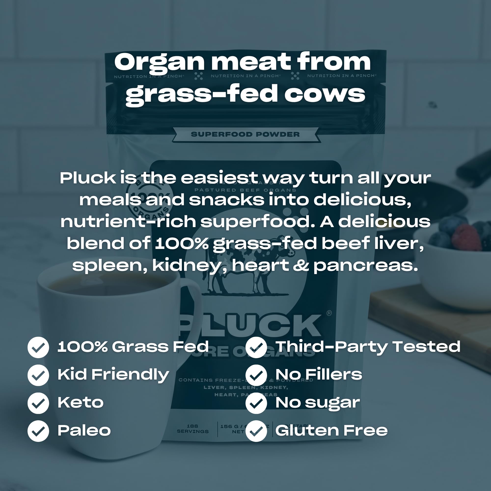 Pluck Pure Beef Organs Powder | 100% Liver, Kidney, Spleen, Heart, & Pancreas from 100% Grass Fed & Grass Finished Pastured Beef | As Seen on ABC's