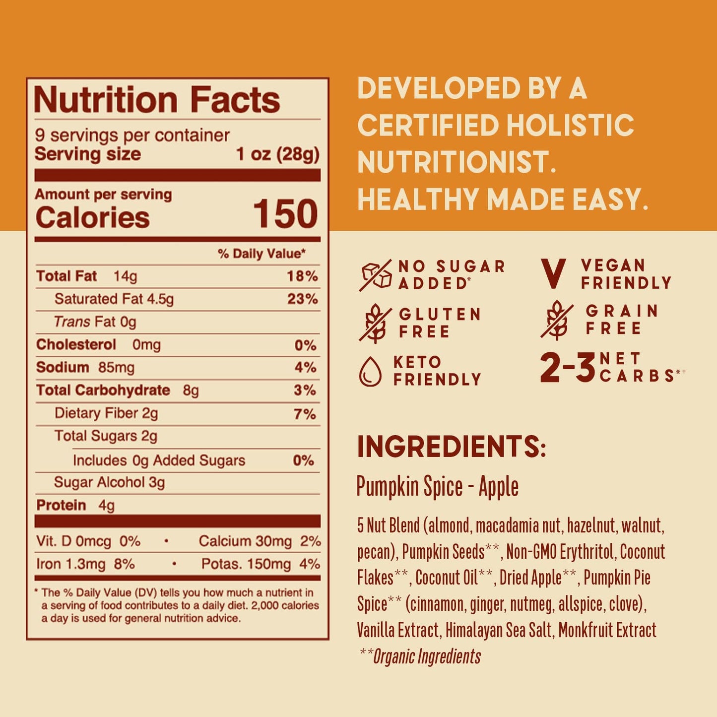 Better Than Provisions 5 Nut Grain-Free Granola, Keto Food, Pack of Pumpkin Spice Apple, with Almonds, Macadamia Nuts, Walnuts, Hazelnuts, Pecans