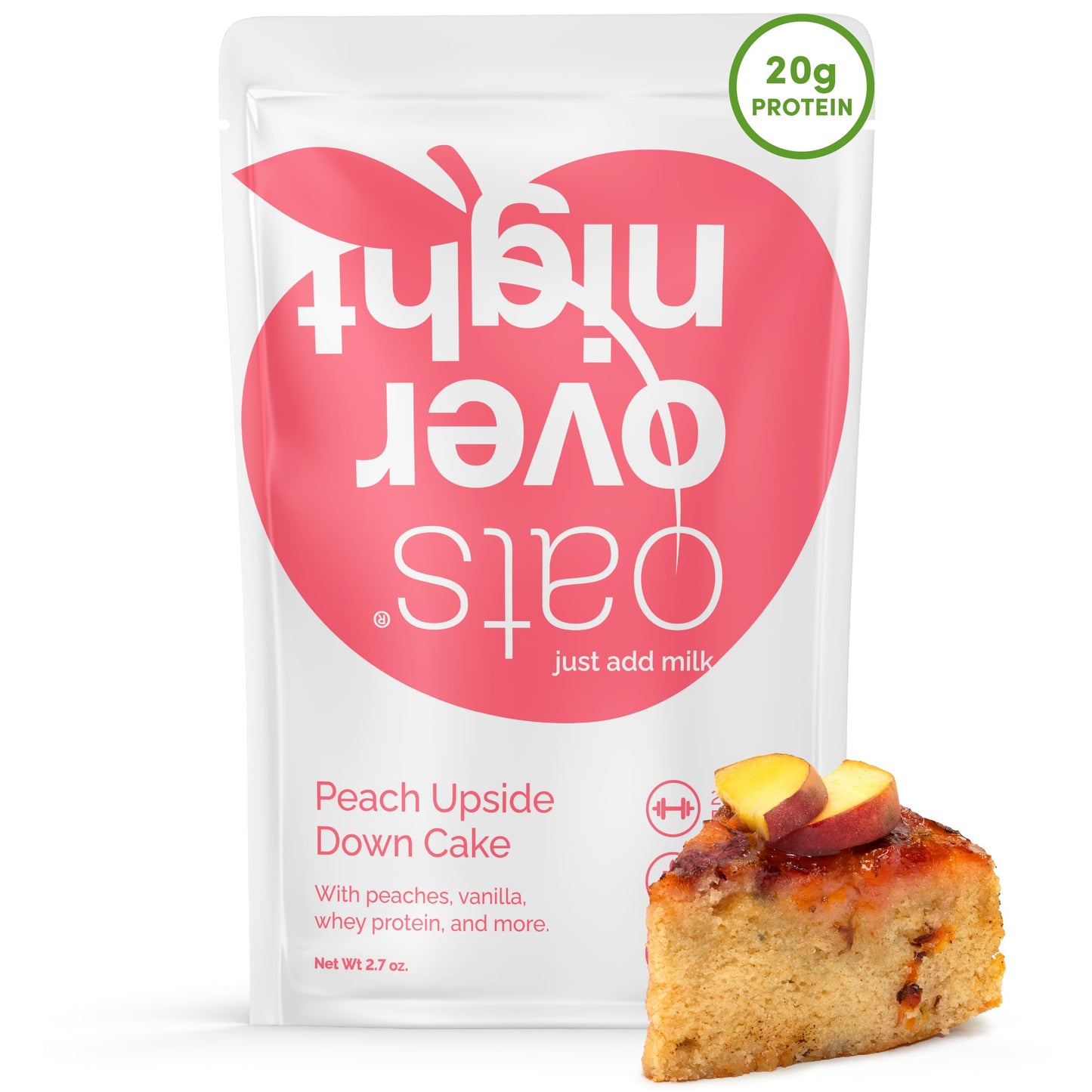 Oats Overnight - Peach Upside Down Cake - 20g Protein, High Fiber Breakfast Shake - Gluten Free, Non GMO Oatmeal (2.7 oz per Meal) (8 Pack)