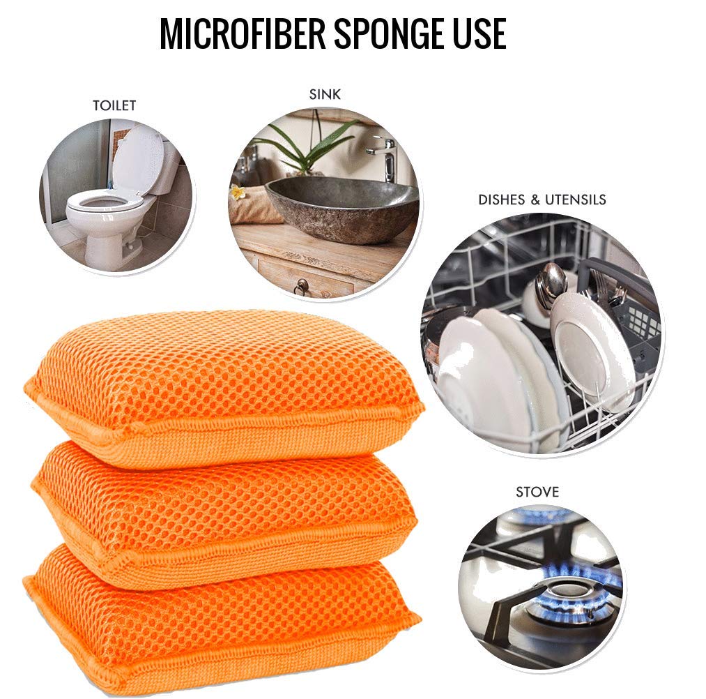Miracle Microfiber Kitchen Sponge by Scrub-It - Non-Scratch Heavy Duty Dishwashing Cleaning sponges- Machine Washable- (Orange)