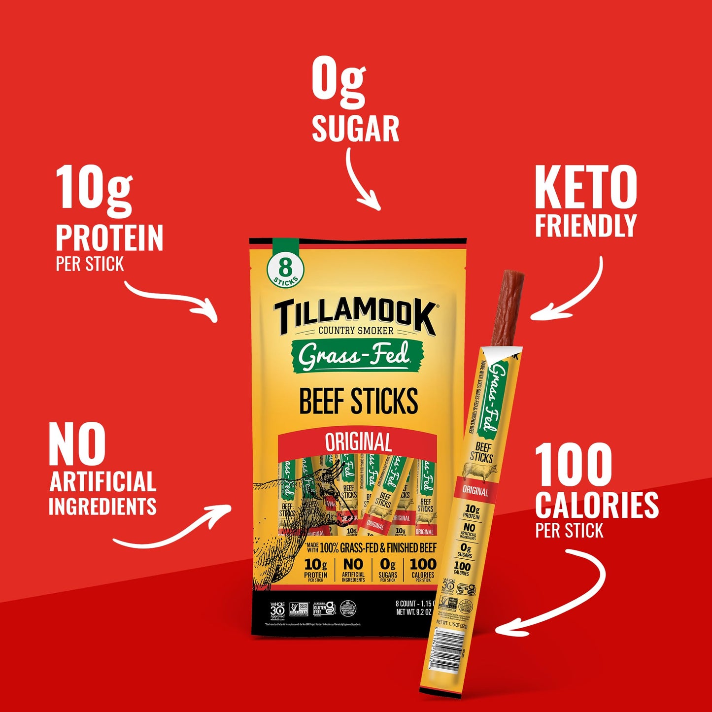 Tillamook Country Smoker 100% Grass Fed Beef Sticks, Zero Sugar, Original, 1.15 Ounce, 8 Pack, Non-GMO Clean Meat Snacks, 10g High Protein Per Stick