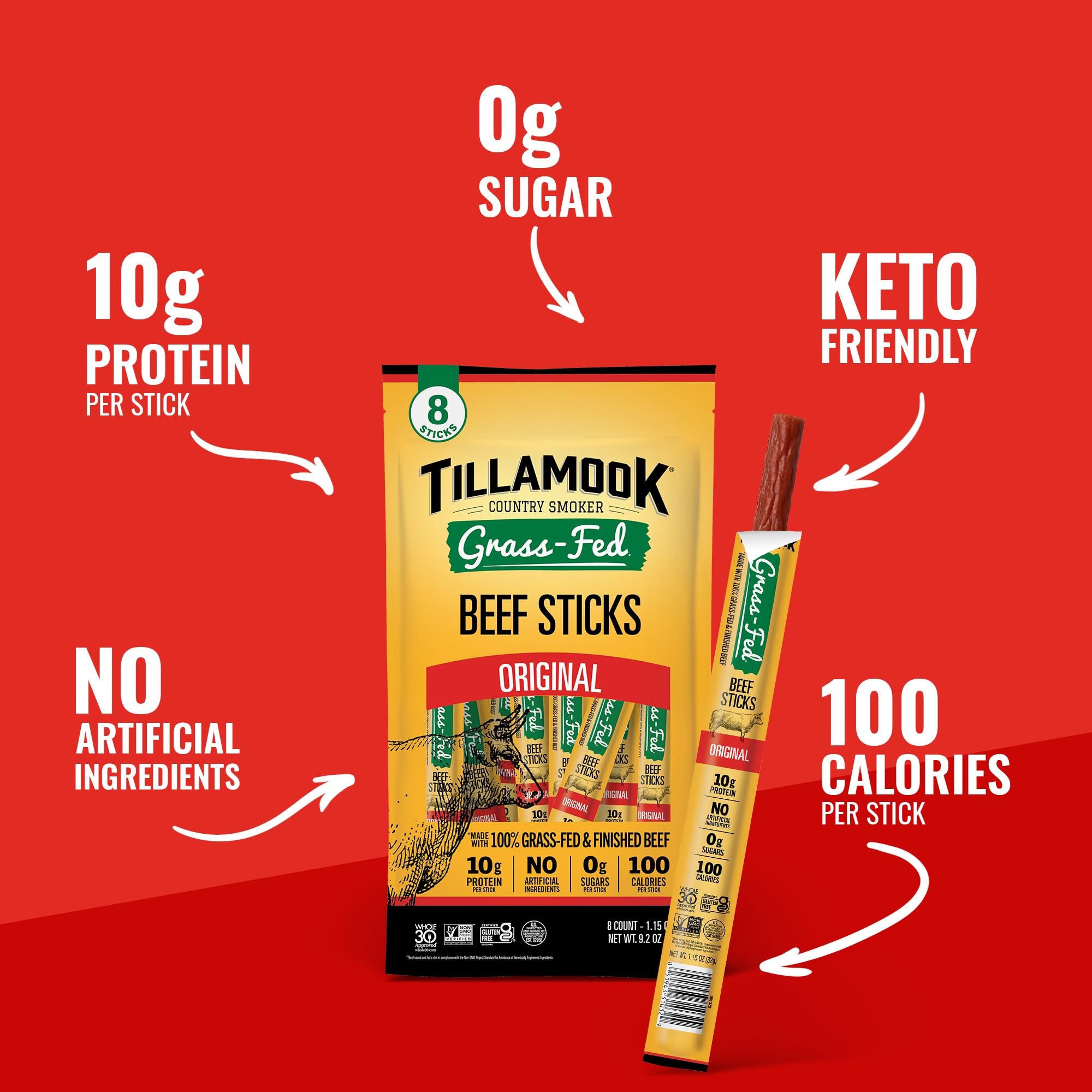 Tillamook Country Smoker 100% Grass Fed Beef Sticks, Zero Sugar, Original, 1.15 Ounce, 8 Pack, Non-GMO Clean Meat Snacks, 10g High Protein Per Stick
