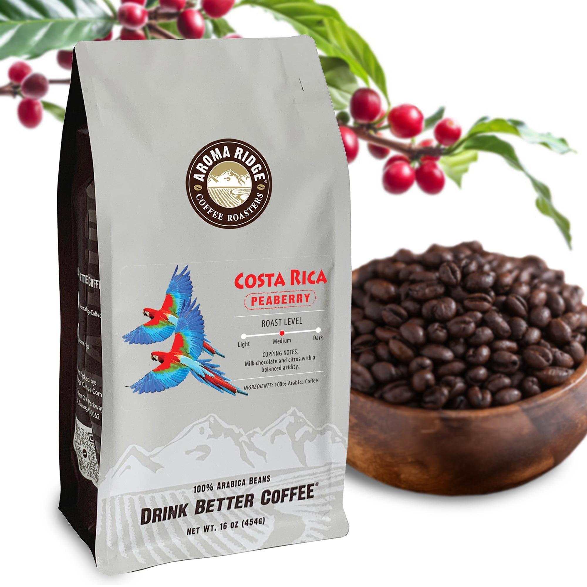 Costa Rica Peaberry| Whole Bean Coffee by Aroma Ridge | 16oz Medium Roast Gourmet Coffee Beans | Full Bodied Roasted Coffee Beans With Fruity Floral