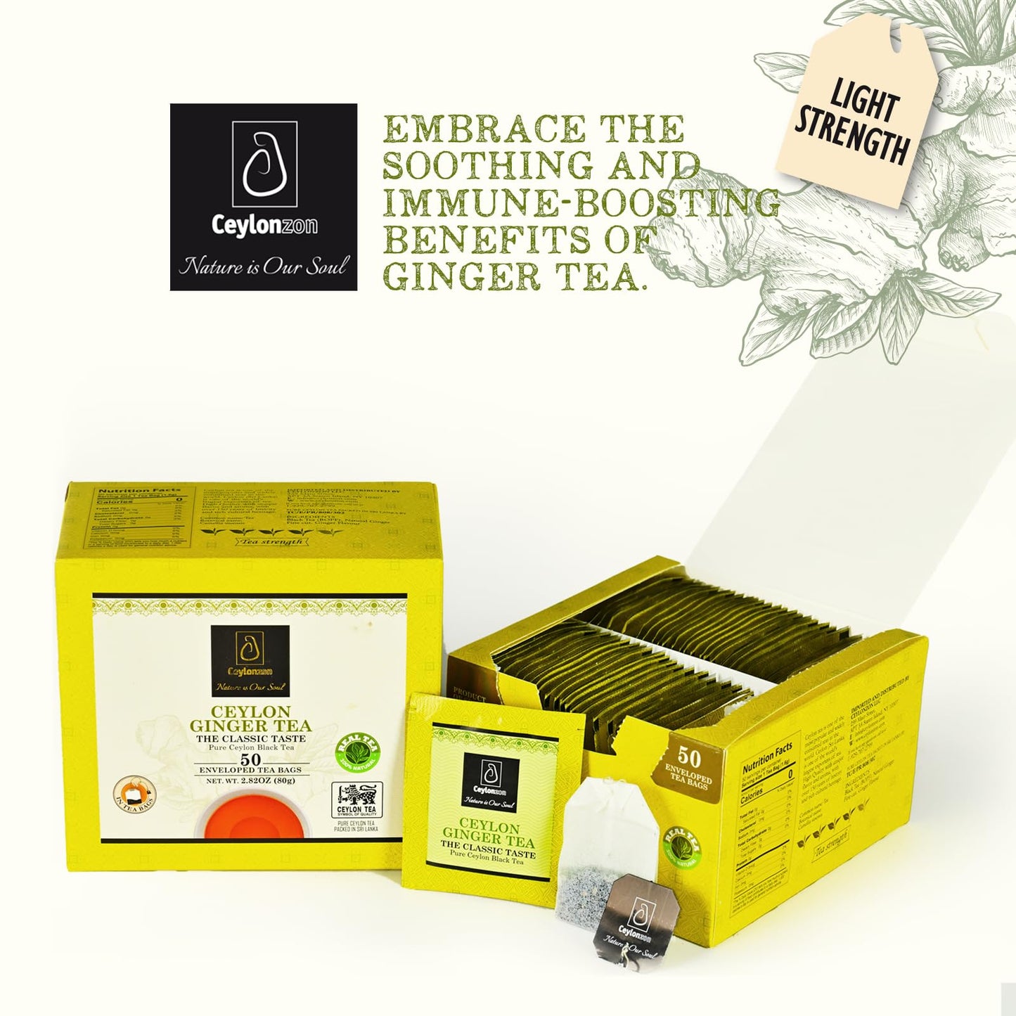 Ceylonzon Ginger Tea Bags, Classic Taste 50 Individually Foil-Wrapped, For a Fresh Flavorful, Spicy Experience with Ginger Natural Tea 80g