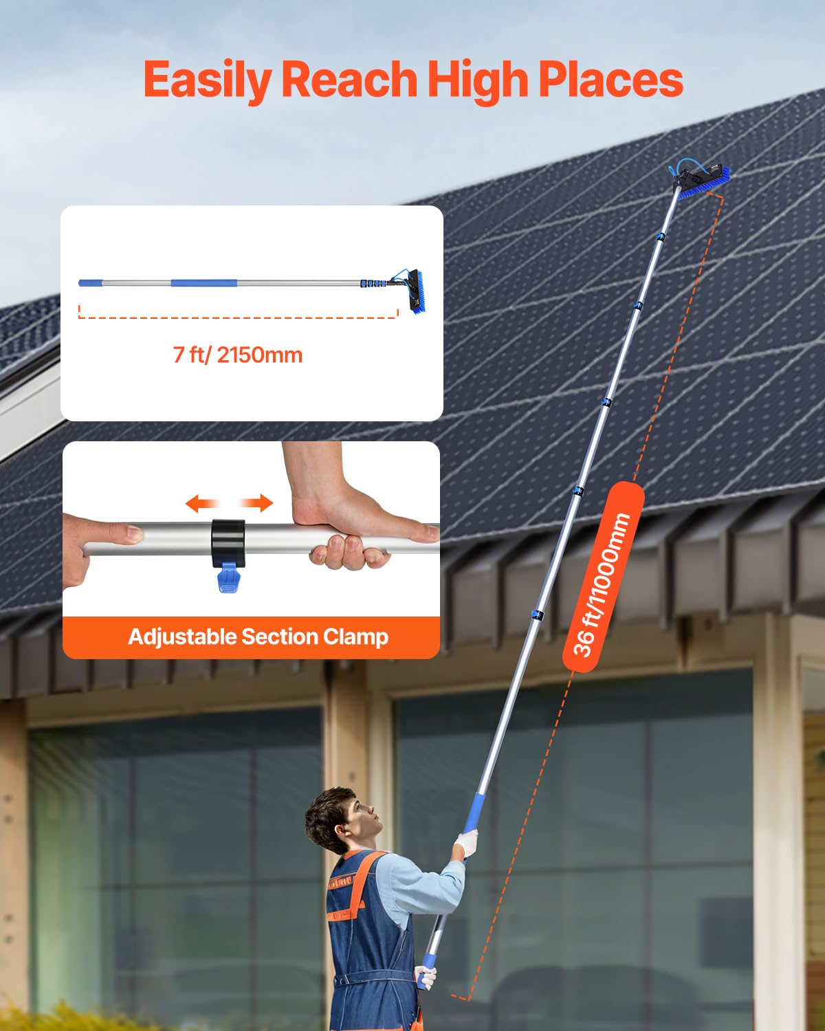 VEVOR Water Fed Pole Kit, 36FT Solar Panel Cleaning Pole with Extendable Handle, 180° Rotatable Brush Head & 65.6FT Hose, Household & Outdoor Window