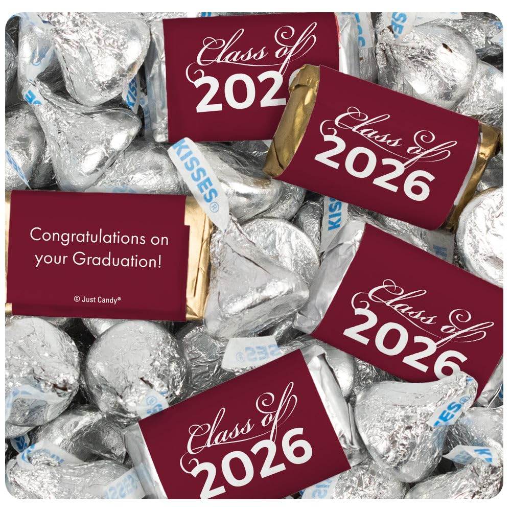 248 Pcs Maroon Graduation Class of 2026 Candy - Miniatures & Silver Kisses