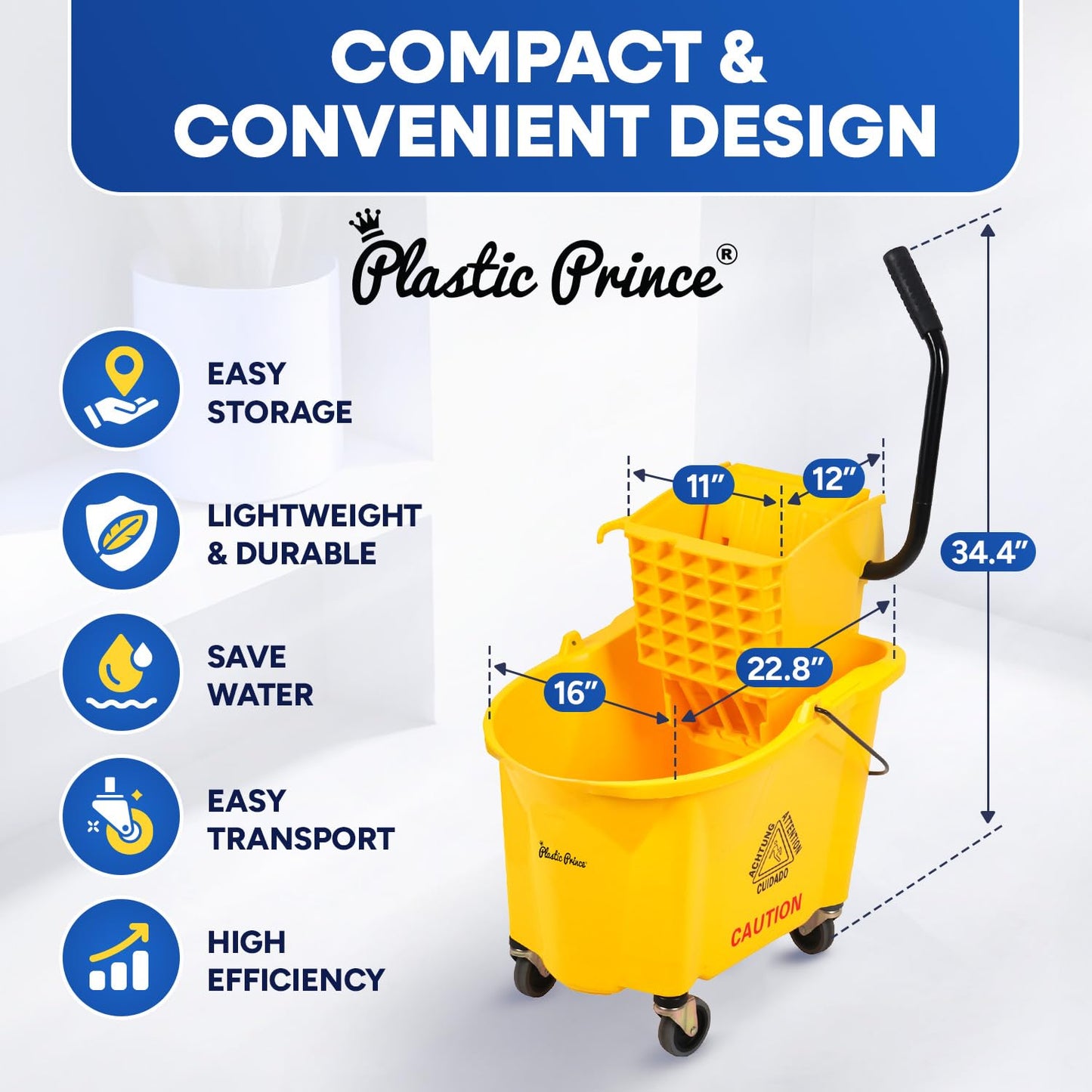 PLASTIC PRINCE Commercial Mop Bucket with Wringer on Wheels, Heavy Duty Industrial Mop Bucket and Wringer for Home Office Restaurant Business, 26