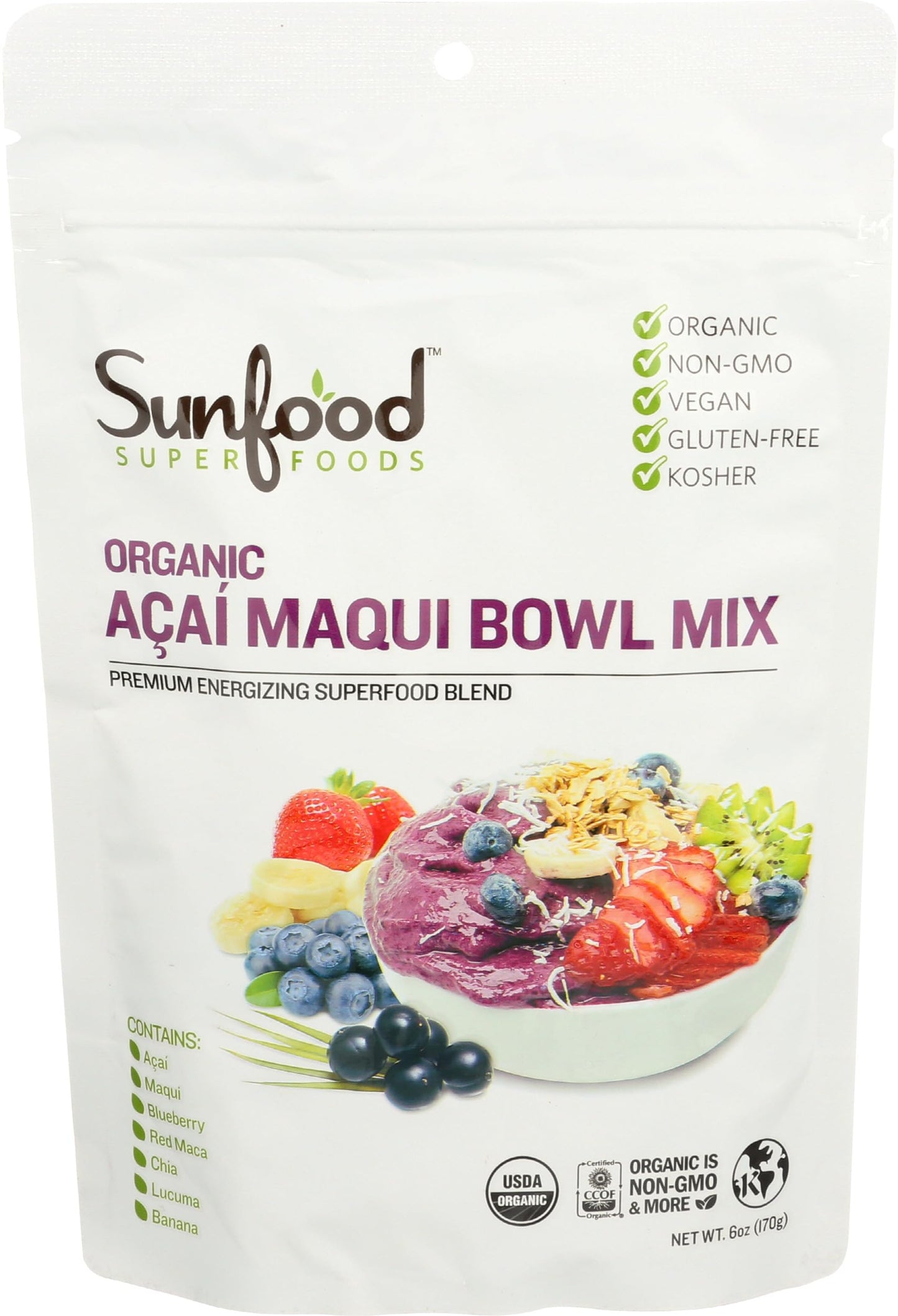 Sunfood Superfoods Organic Acai Maqui Bowl Mix - Dried Acai Berry Powder for Smoothie Bowls & Drinks, Fruit Source of Antioxidants, Gluten Free, USDA