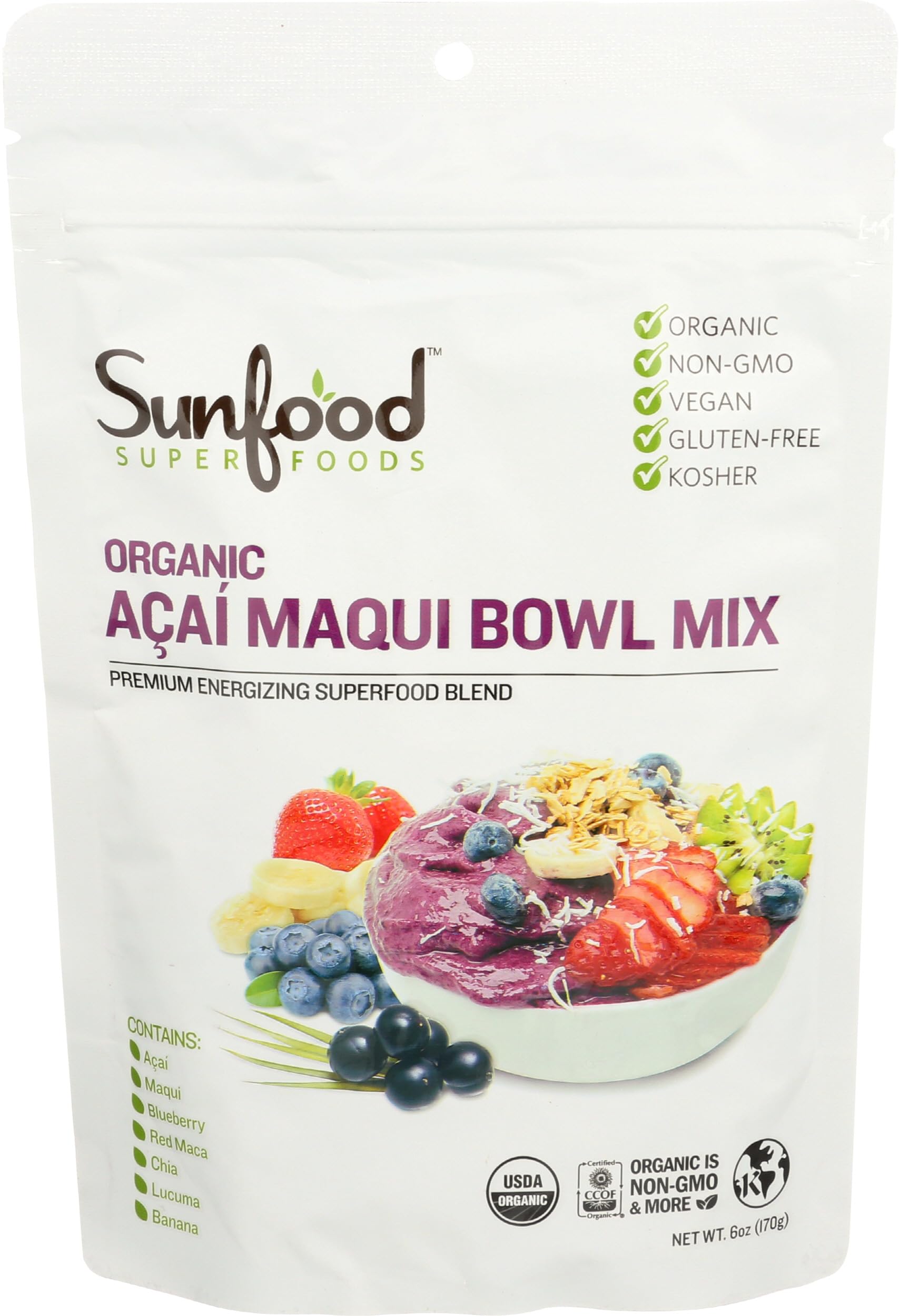 Sunfood Superfoods Organic Acai Maqui Bowl Mix - Dried Acai Berry Powder for Smoothie Bowls & Drinks, Fruit Source of Antioxidants, Gluten Free, USDA