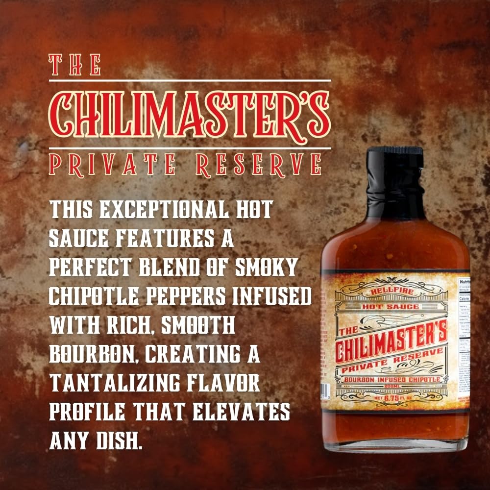 Hellfire Hot Sauce Chilimaster’s Reserve - Gourmet Award-Winning Hot Sauce and Marinade With Bourbon Infused Chipotle, 6.75 oz.