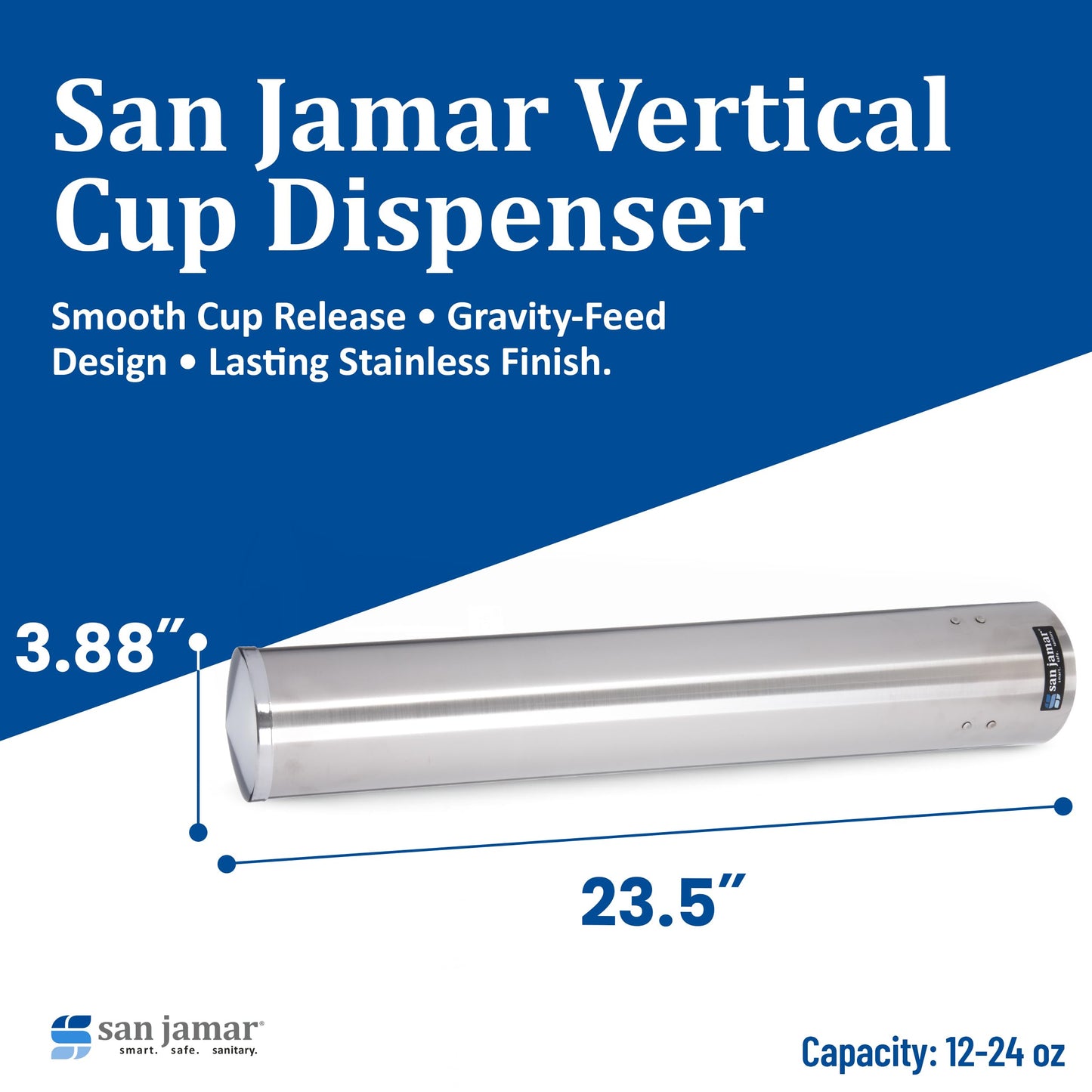 San Jamar 23.5" Pull Type Cup Dispenser - Stainless Steel 12 to 24 Oz Cup Holder with Flip Cap for Restaurants, Dining Halls, Fast Food Beverage
