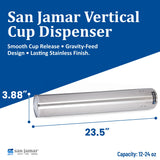 San Jamar 23.5" Pull Type Cup Dispenser - Stainless Steel 12 to 24 Oz Cup Holder with Flip Cap for Restaurants, Dining Halls, Fast Food Beverage