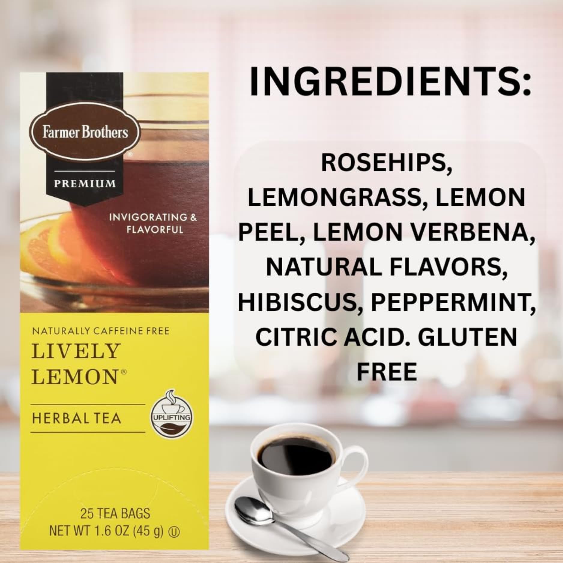 Farmer Brothers Lively Lemon Herbal Tea, 25 Bags - Naturally Caffeine-Free Citrus Herbal Tea with Bold Lemon Flavor, Relaxing Wellness Tea for Hot Tea