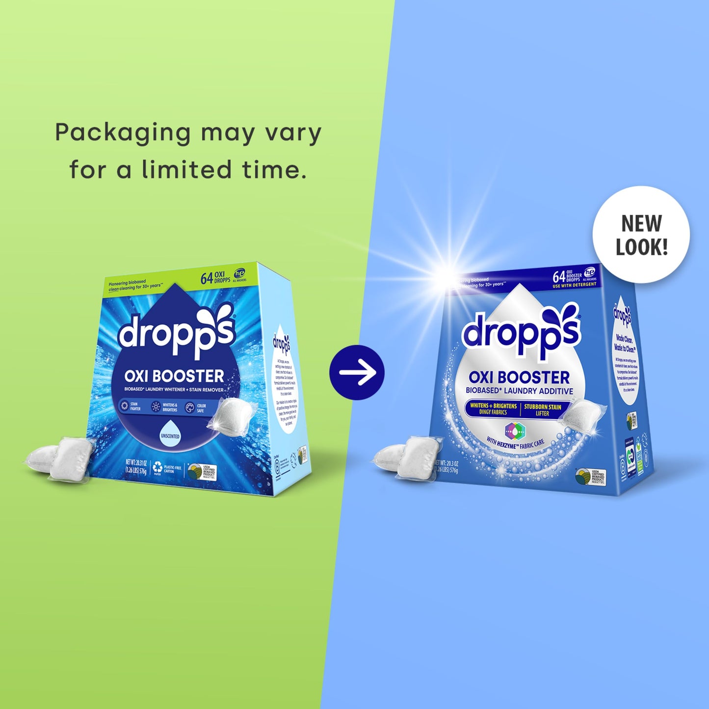 Dropps Oxi Booster Pods, Unscented (64 Count) - Laundry Whitener & Stain Remover | Free & Clear | Laundry Booster | Chlorine-Free Bleach Alternative |