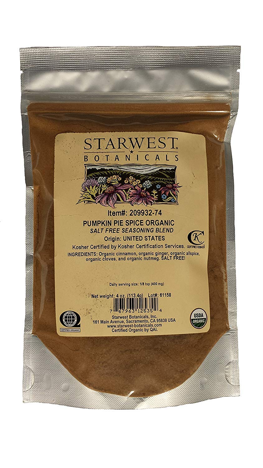 Starwest Botanicals, Organic Pumpkin Pie Spice, 4 oz