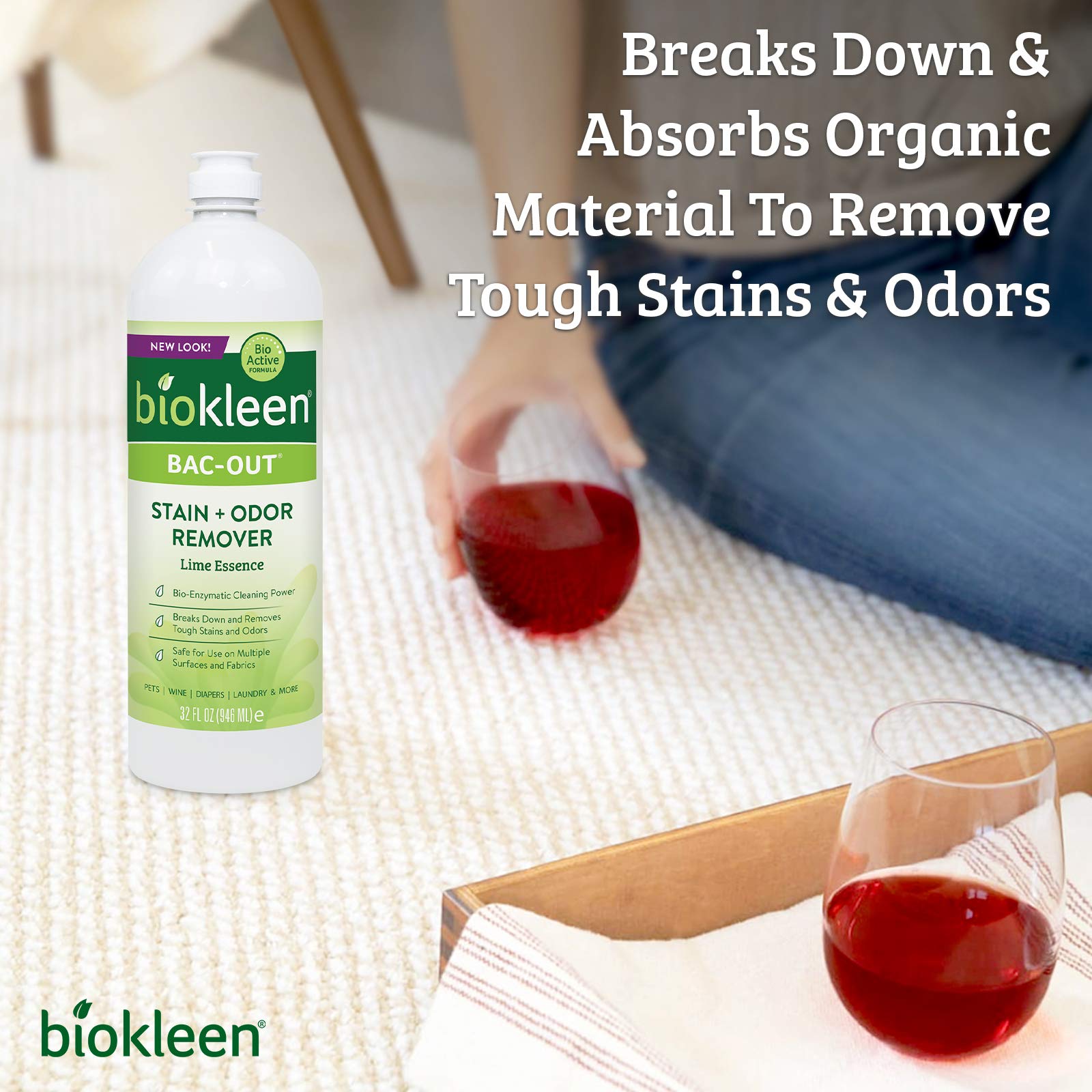Biokleen Bac-Out Stain+Odor Remover, Destroys Stains & Odors Safely, for Pet Urine, Laundry, Diapers, Wine, Carpets, & More, Eco-Friendly, Non-Toxic