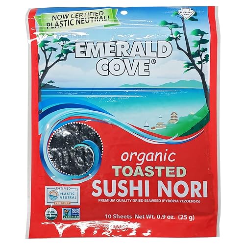 Emerald Cove Organic Toasted Nori, Dried Seaweed Sheets for Sushi, Kimbap, Onigiri, Musubi, Product of Korea, Resealable Bag, 10 Sheets (1 pack)