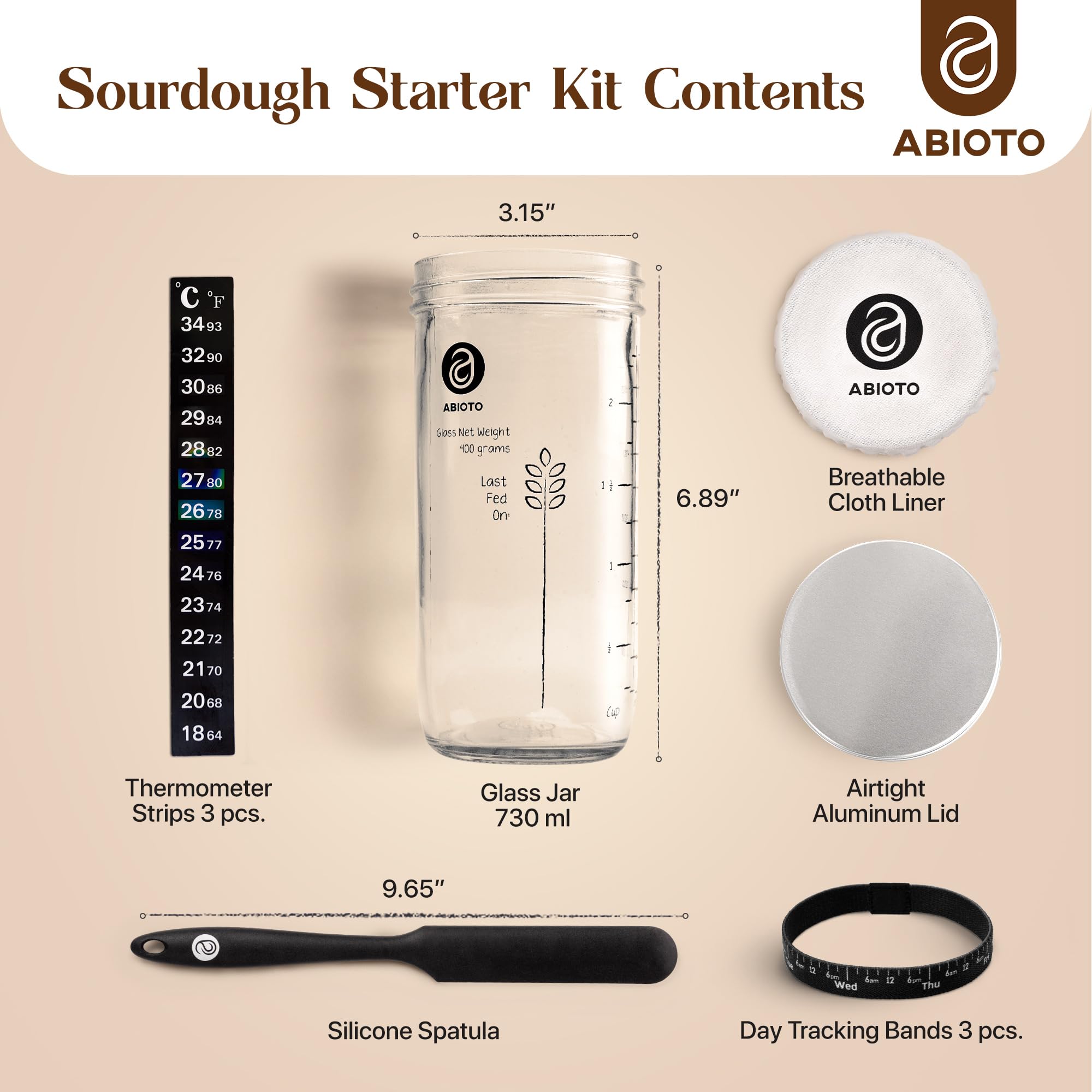 ABIOTO Sourdough Starter Kit, Includes 24 oz Sourdough Starter Jar with Metallic Lid, Silicone Spatula, Feeding Tracker, Extra Thermometer Strips