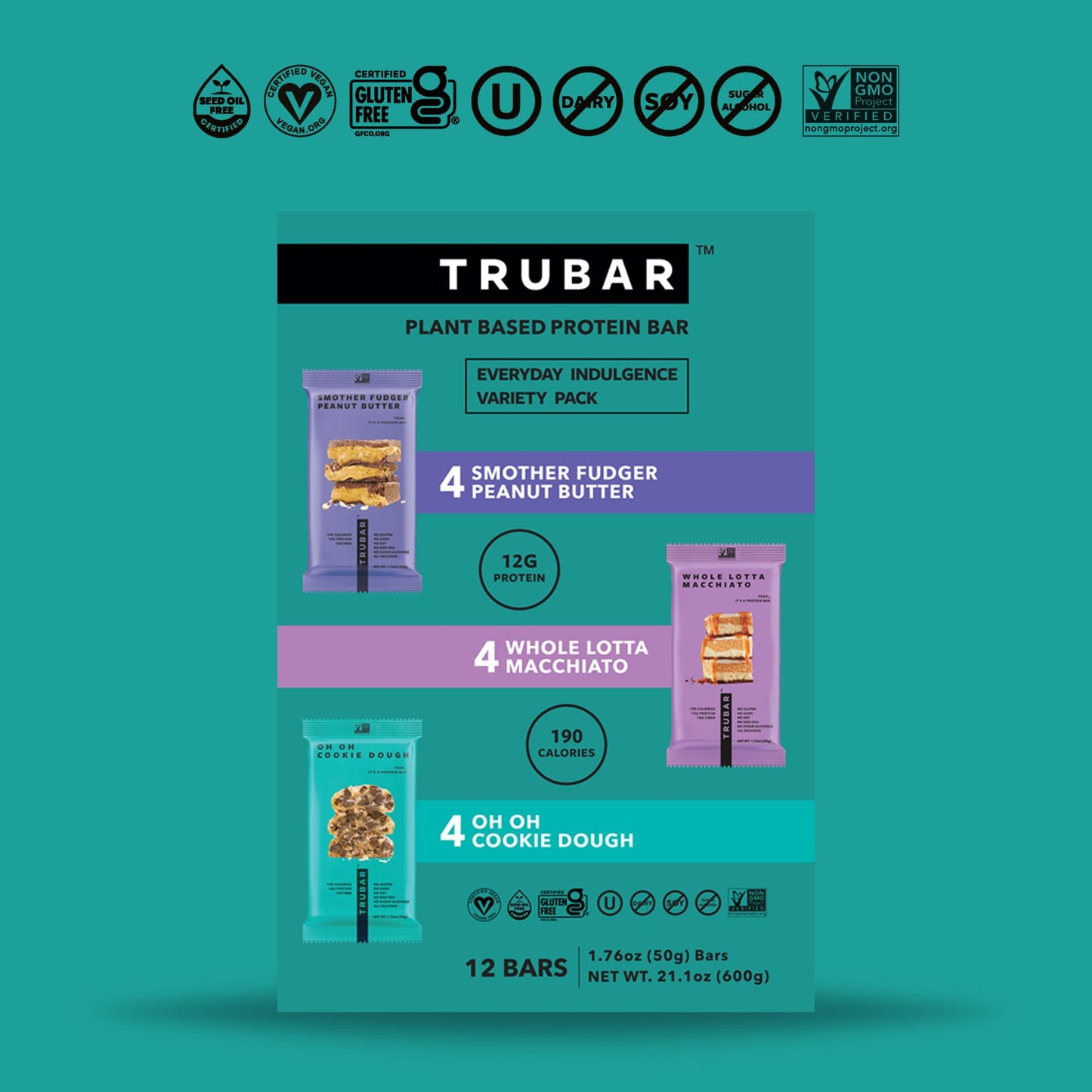 TRUBAR Vegan Protein Bar Variety Pack, Assorted Flavors, Peanut Butter, Macchiato, Cookie Dough, Gluten Free, Vegan Protein Snacks, 12G Plant-Based