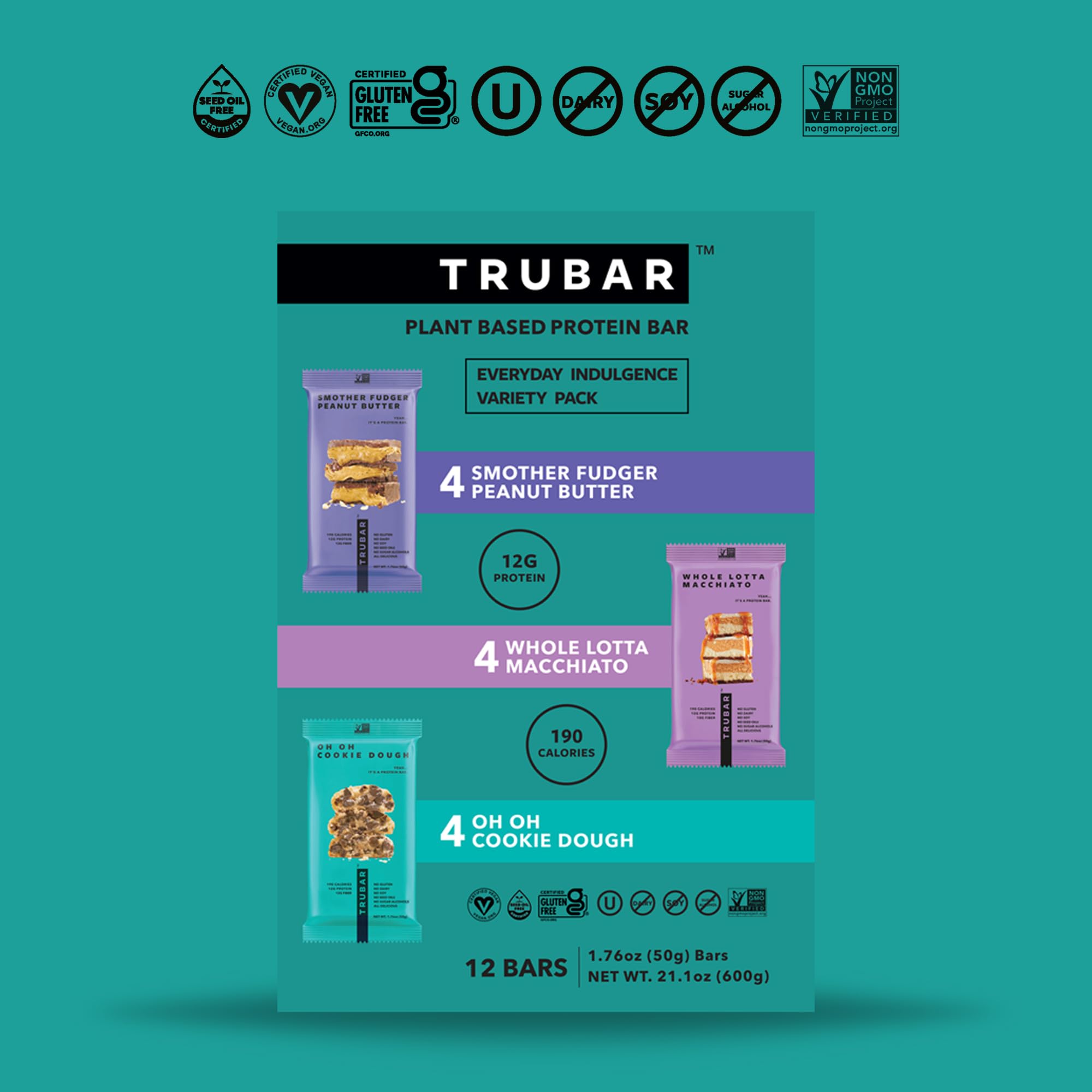 TRUBAR Vegan Protein Bar Variety Pack, Assorted Flavors, Peanut Butter, Macchiato, Cookie Dough, Gluten Free, Vegan Protein Snacks, 12G Plant-Based