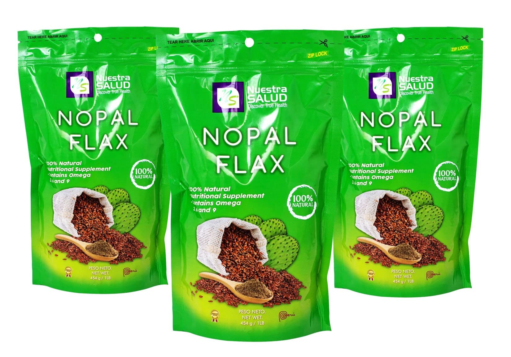 Nuestra Salud - Nopal Flax Linaza Plus Value Pack (3 bags) Colon Cleanse Fiber Flaxseed Original 454g