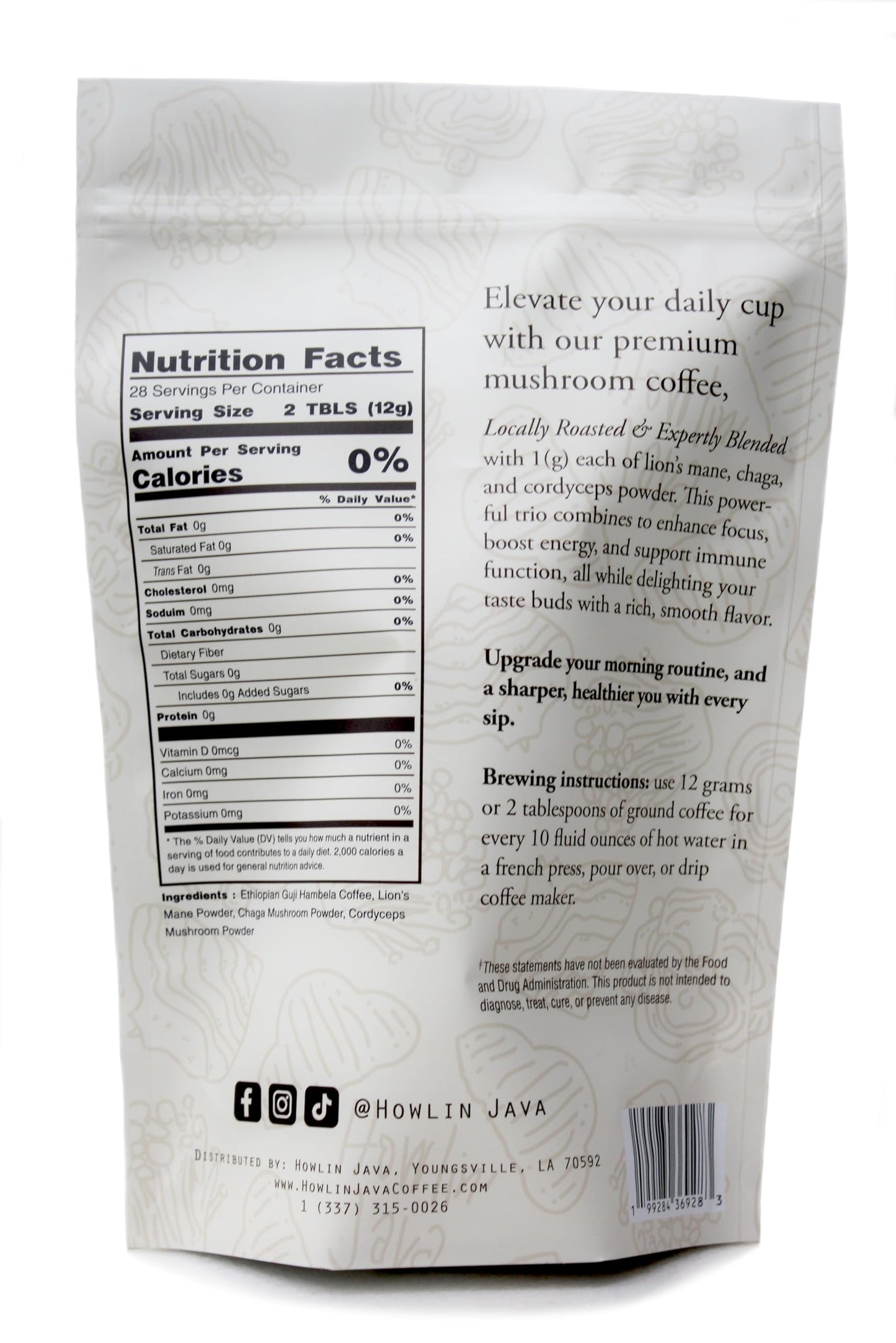 Howlin Java Mushroom Coffee, Premium Ground Coffee with 1 gram each of Lion's Mane, Chaga, and Cordyceps. Increase Energy, Focus, and Immunity