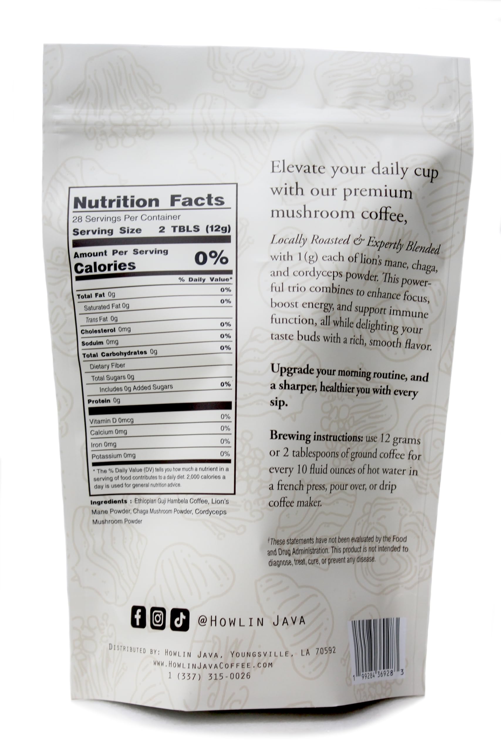 Howlin Java Mushroom Coffee, Premium Ground Coffee with 1 gram each of Lion's Mane, Chaga, and Cordyceps. Increase Energy, Focus, and Immunity