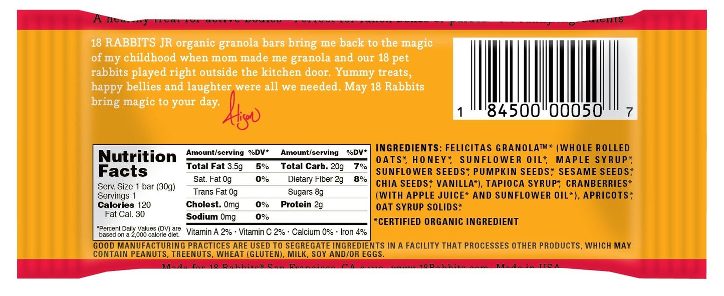 18 Rabbits Jr. Organic Gluten Free Granola Bar, Cranberry Apricot, 1.05 Ounce, 16-Count