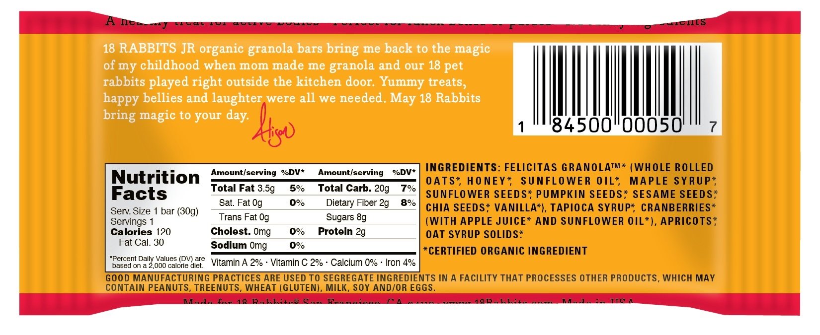 18 Rabbits Jr. Organic Gluten Free Granola Bar, Cranberry Apricot, 1.05 Ounce, 16-Count