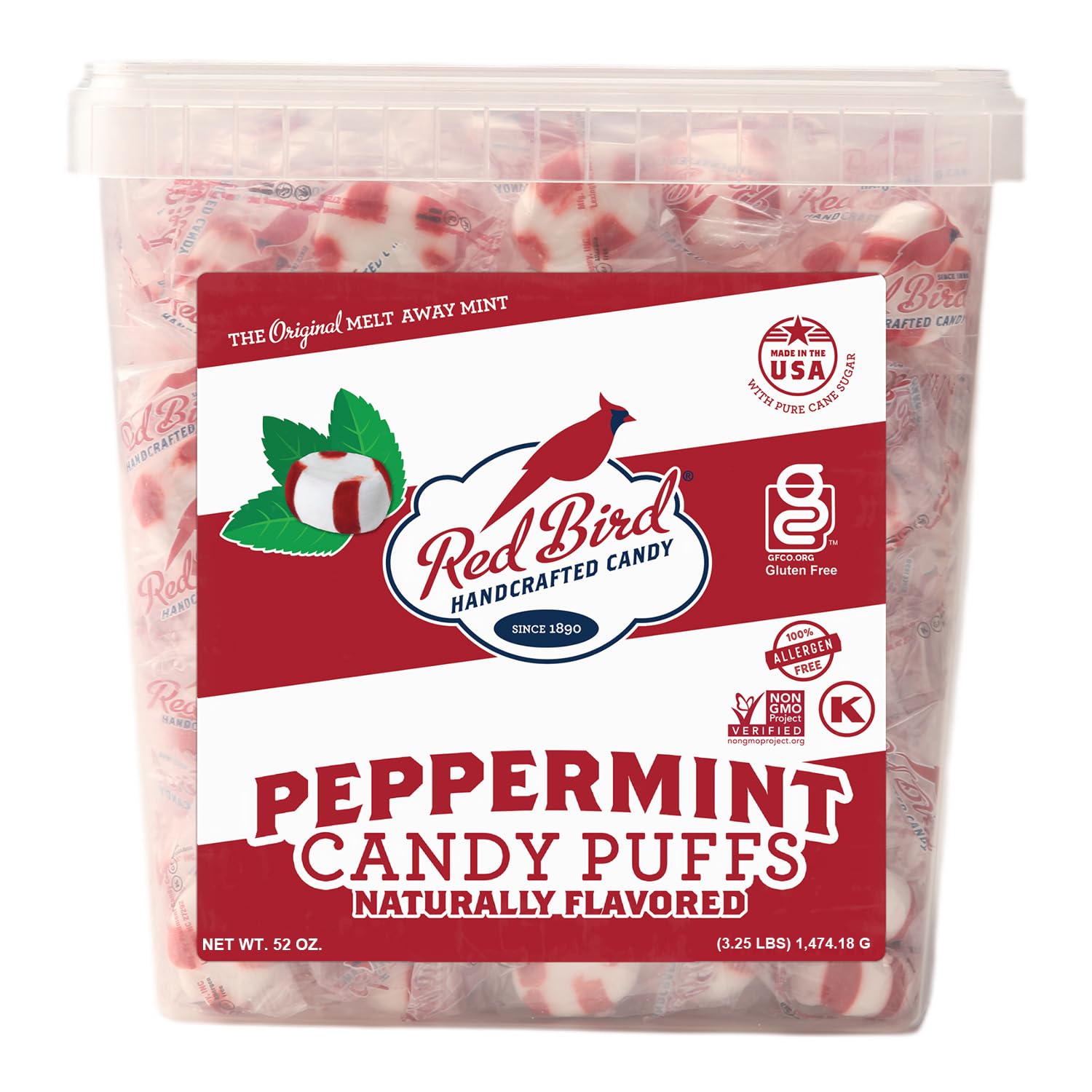 Red Bird Soft Peppermint Puffs Candy, Individually Wrapped Soft Mints, 52 oz Tub