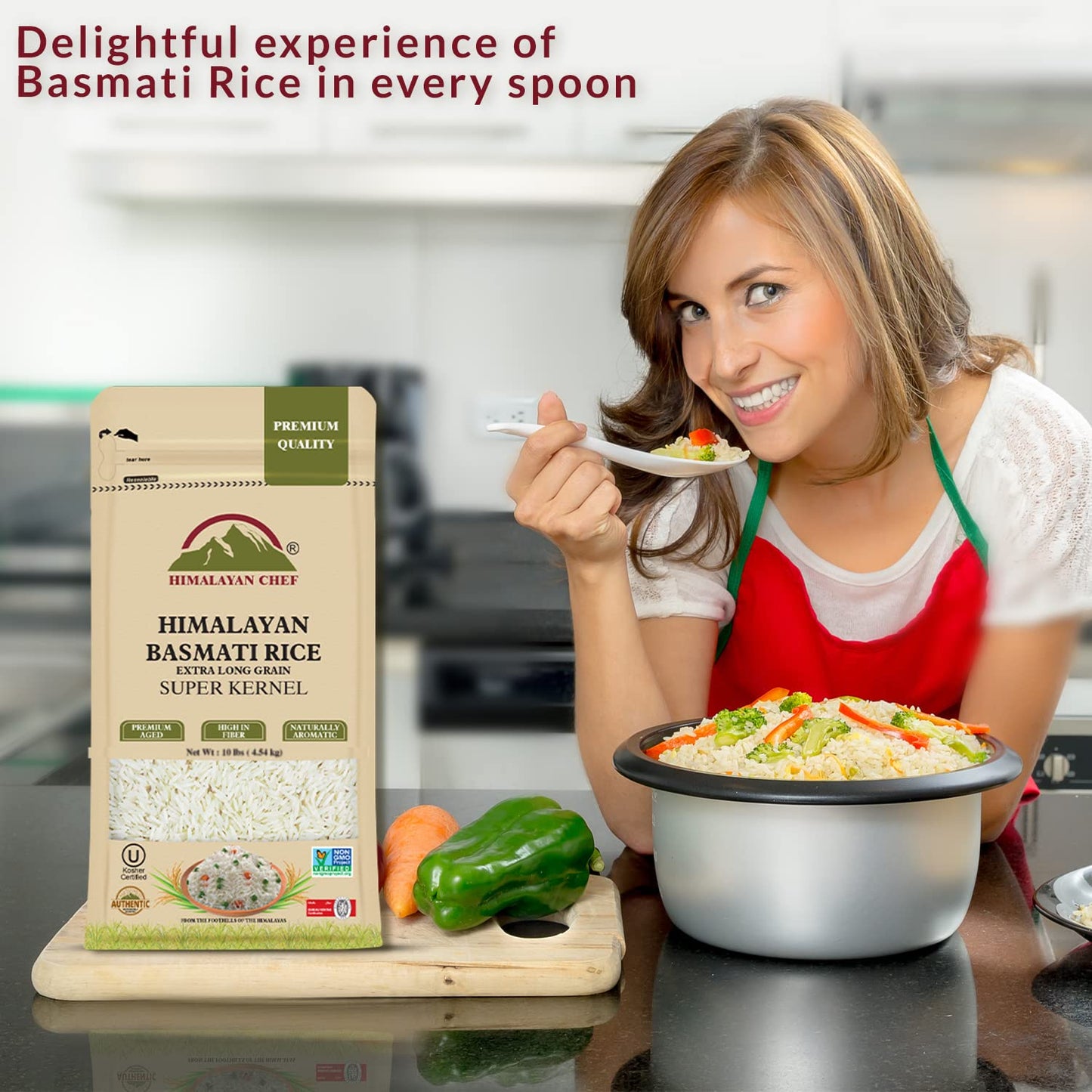 Himalayan Chef Premium Super Kernal Basmati Rice (10 Lbs.) Aromatic Basmati Aged Rice, Non-Sticky Grain for Delicious Dining Experience, Non-GMO, Vegan, Gluten Free & No Cholesterol - Resealable Zip-Lock Bag