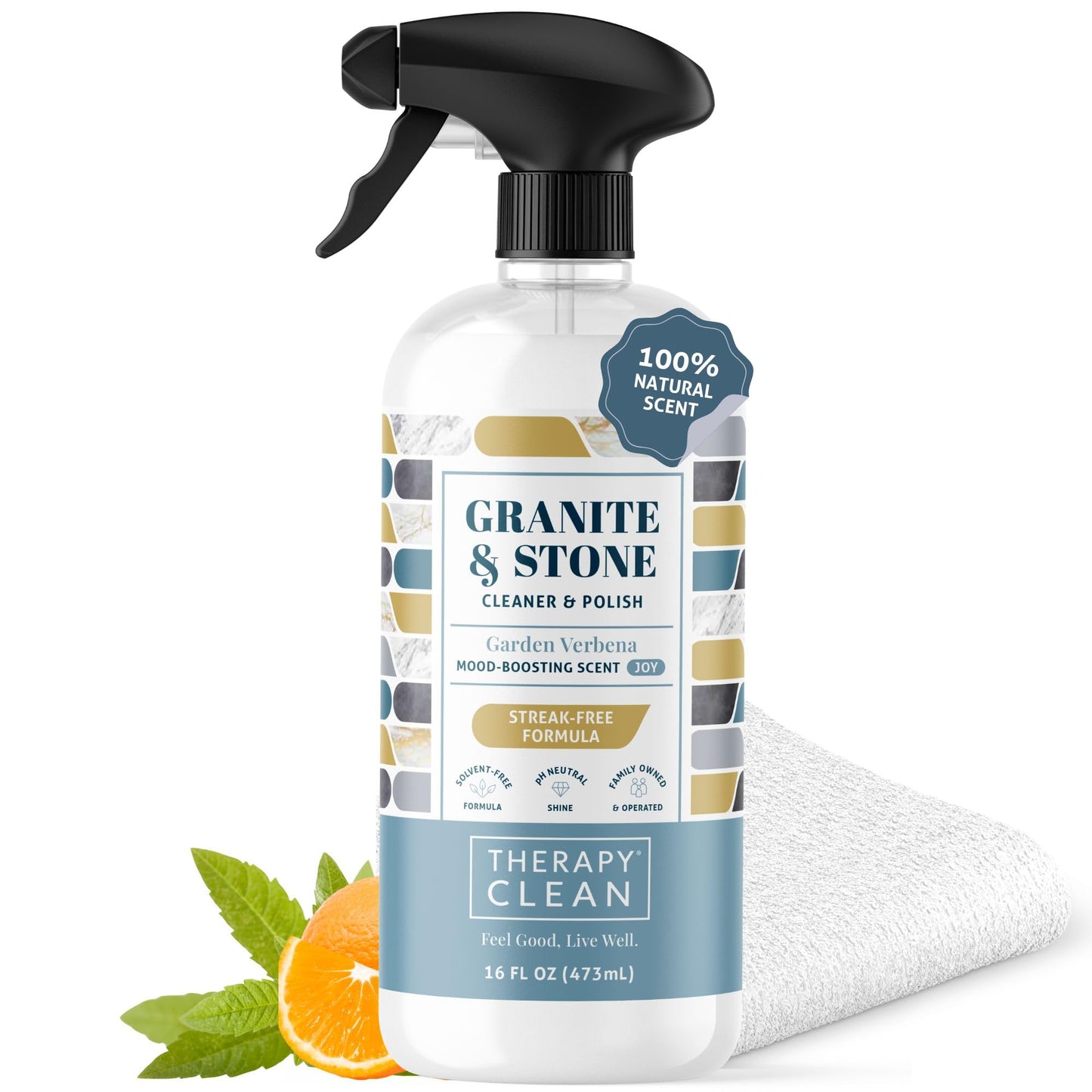 Therapy Granite Cleaner Kit with Microfiber - Daily Countertop Cleaner for Stone, Granite, Marble, Soapstone, Quartz, Quartzite, Slate, Headstone