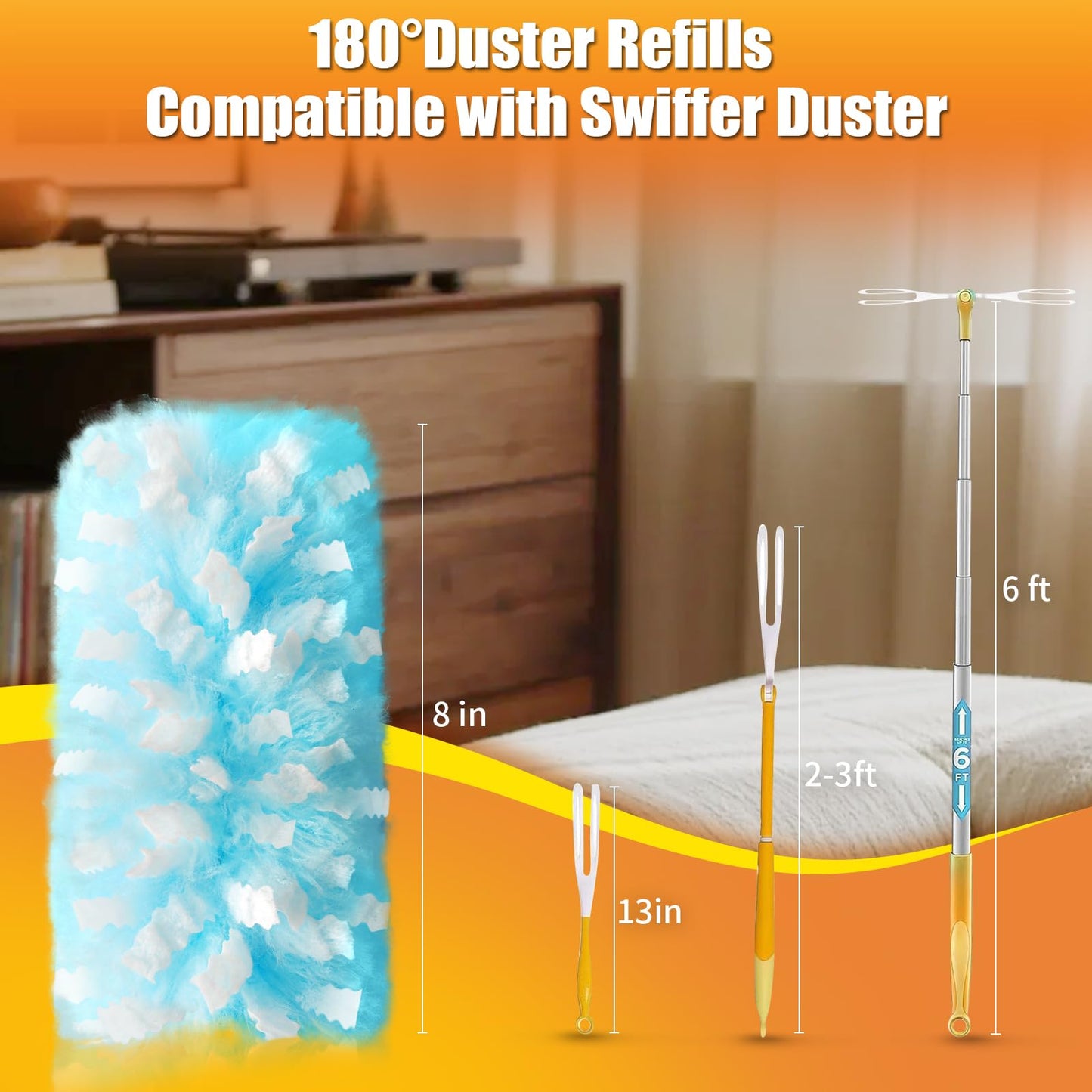 Swilsweep 40 Count Duster Refills with 1 Short Handle & 3 ft Extendable Handle, Compatible with Swiffer Duster, 180° Disposable Microfiber Cleaning