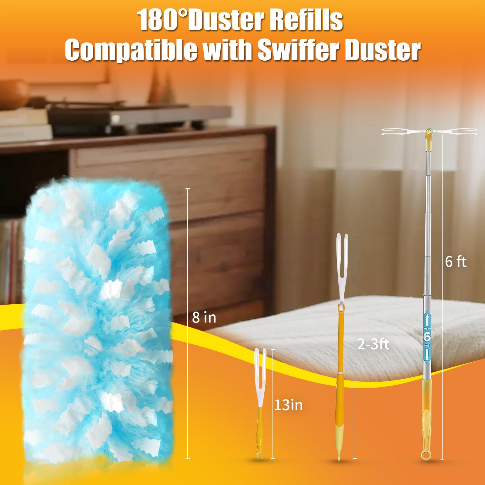 Swilsweep 40 Count Duster Refills with 1 Short Handle & 3 ft Extendable Handle, Compatible with Swiffer Duster, 180° Disposable Microfiber Cleaning