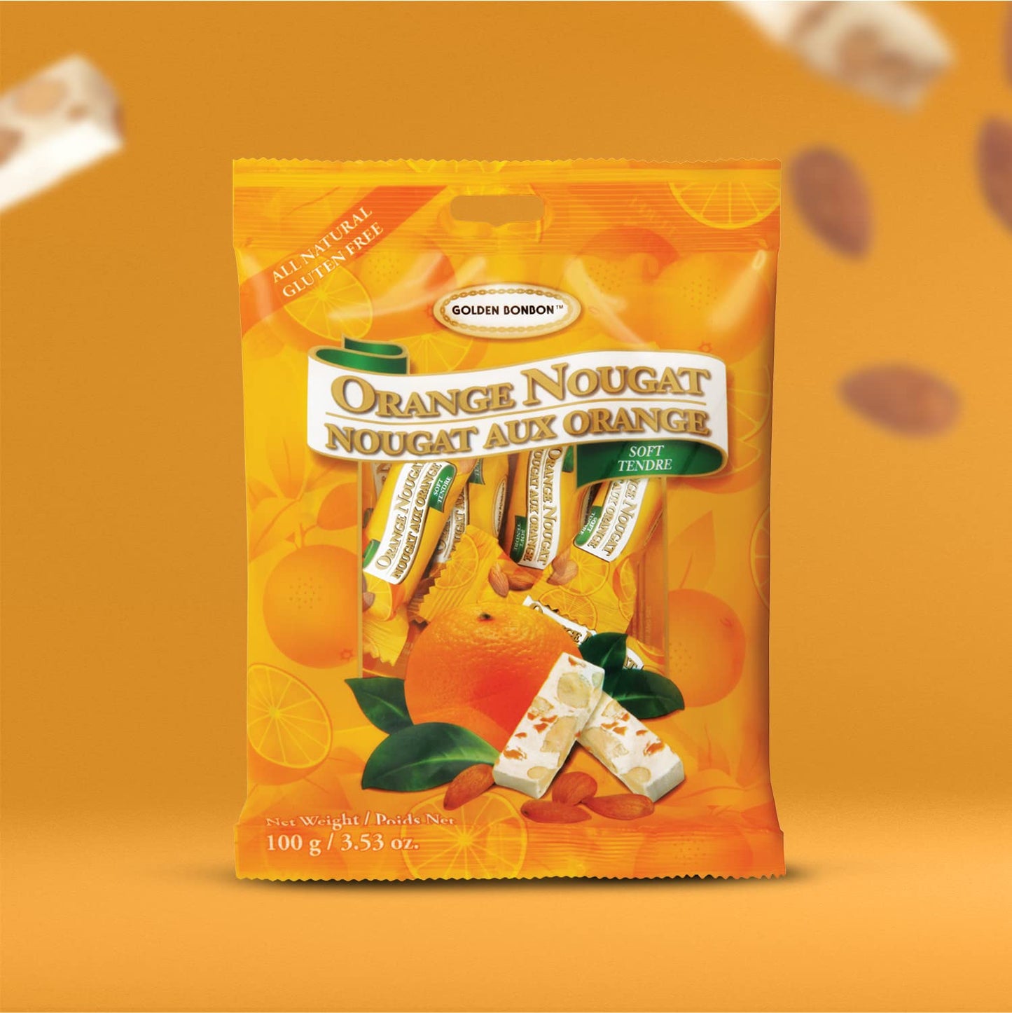 Golden Bonbon Italian Soft Orange Almond Nougat Candy, Individually Packed Chewy, Gluten Free Nougat, Full of Almonds, Halal Candy 3.53 Ounces (Almond