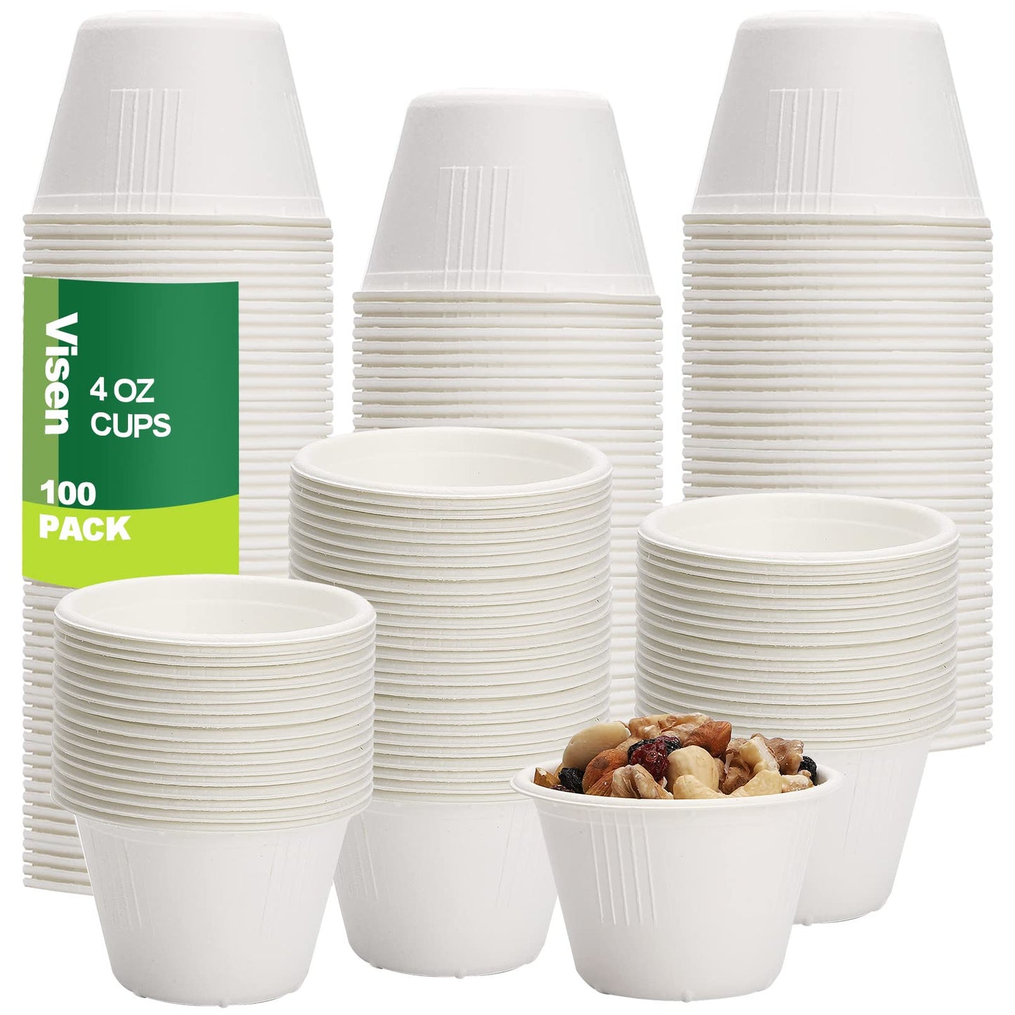 Visen 100 Pack Compostable Portion Cups, 4 oz Disposable Paper for Condiment, Food Sample, 100% Biodegradable Souffle, Jello Shot & Samples Honey Nuts