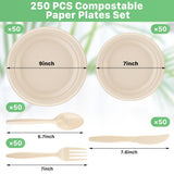 Tivcck 250 PCS Compostable Paper Plates Set,Compostable Plates Sugarcane Utensils,Disposable Dinnerware Set,Include Biodegradable Plates,Extra Long