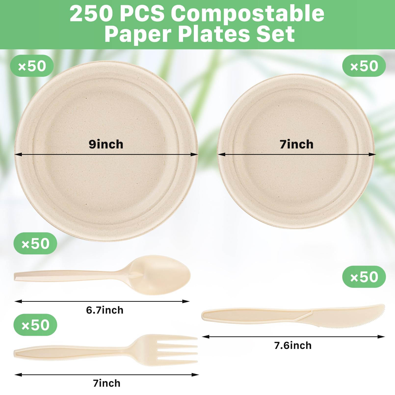 Tivcck 250 PCS Compostable Paper Plates Set,Compostable Plates Sugarcane Utensils,Disposable Dinnerware Set,Include Biodegradable Plates,Extra Long