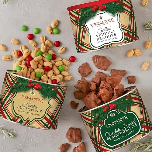 Virginia Diner Holiday Plaid - Trio Large Gift Set (Salted Virginia Peanuts 18oz, Chocolate Covered Peanut Brittle 16oz, Button Mix 20oz)