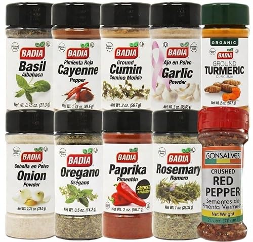 10-Piece Spice Starter Set | Badia Cayenne Pepper, Paprika, Oregano, Cumin, Gonsalves Crushed Red Pepper & More - Gift for Home Cooks