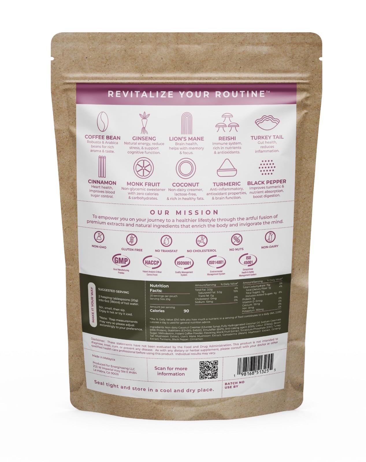 Energinseng Mushroom Coffee Instant Latte - Lion’s Mane, Reishi, Ginseng Adaptogen Coffee - Instant Coffee Alternative for Energy & Focus - Arabica