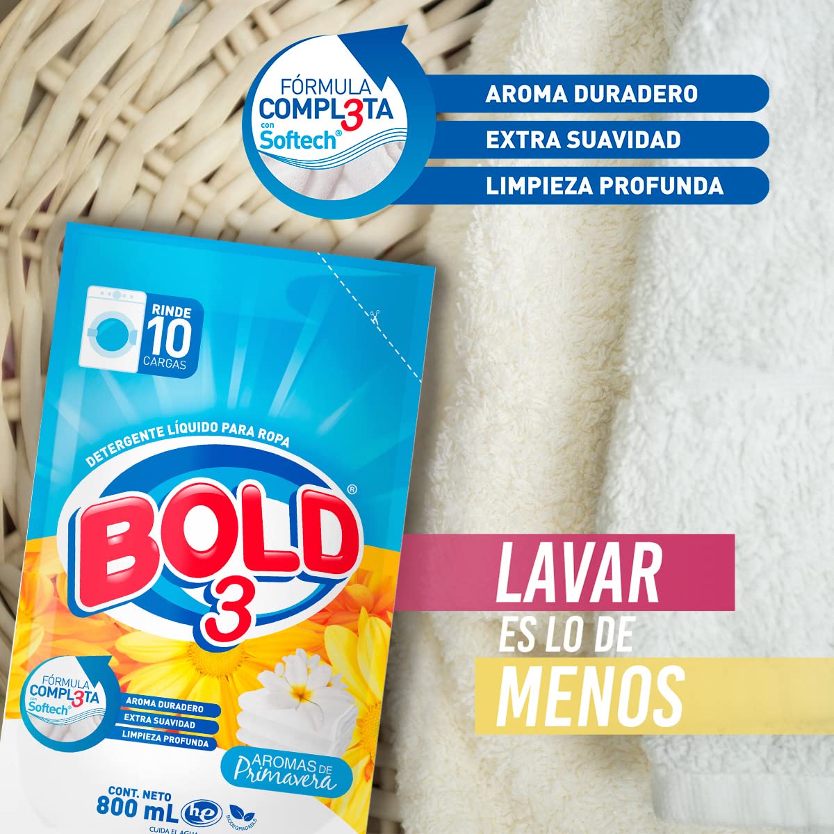 Bold 3 Liquid Laundry Detergent, Aromas de Primavera Scent, 800mL, 3 Pack