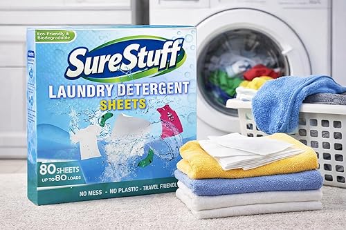 SureStuff Laundry Detergent Sheets Fresh Scent - 80 (7"x11") Loads Eco Liquidless Soap - Travel-Friendly for Hot & Cold Cycles, Tackles Tough Stains