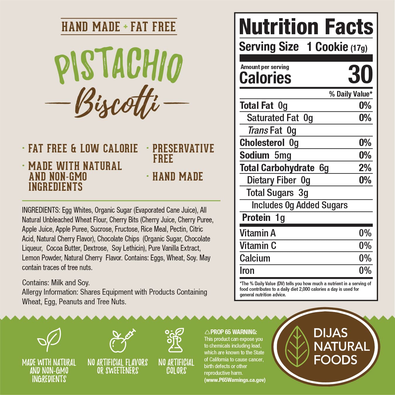 DIJAS Natural Foods, Individually Wrapped Fat Free Biscotti Cookies, All Natural Preservative Free Ingredients, Delicious Low Calorie Snack (12 oz