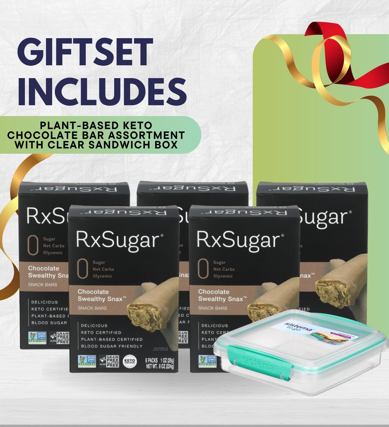 5x Plant Based Keto Choco Bar 8 oz Bundle with Sandwich Box - Dark Chocolate Vegan Snack Bars with Protein Blend and Reusable Food Container